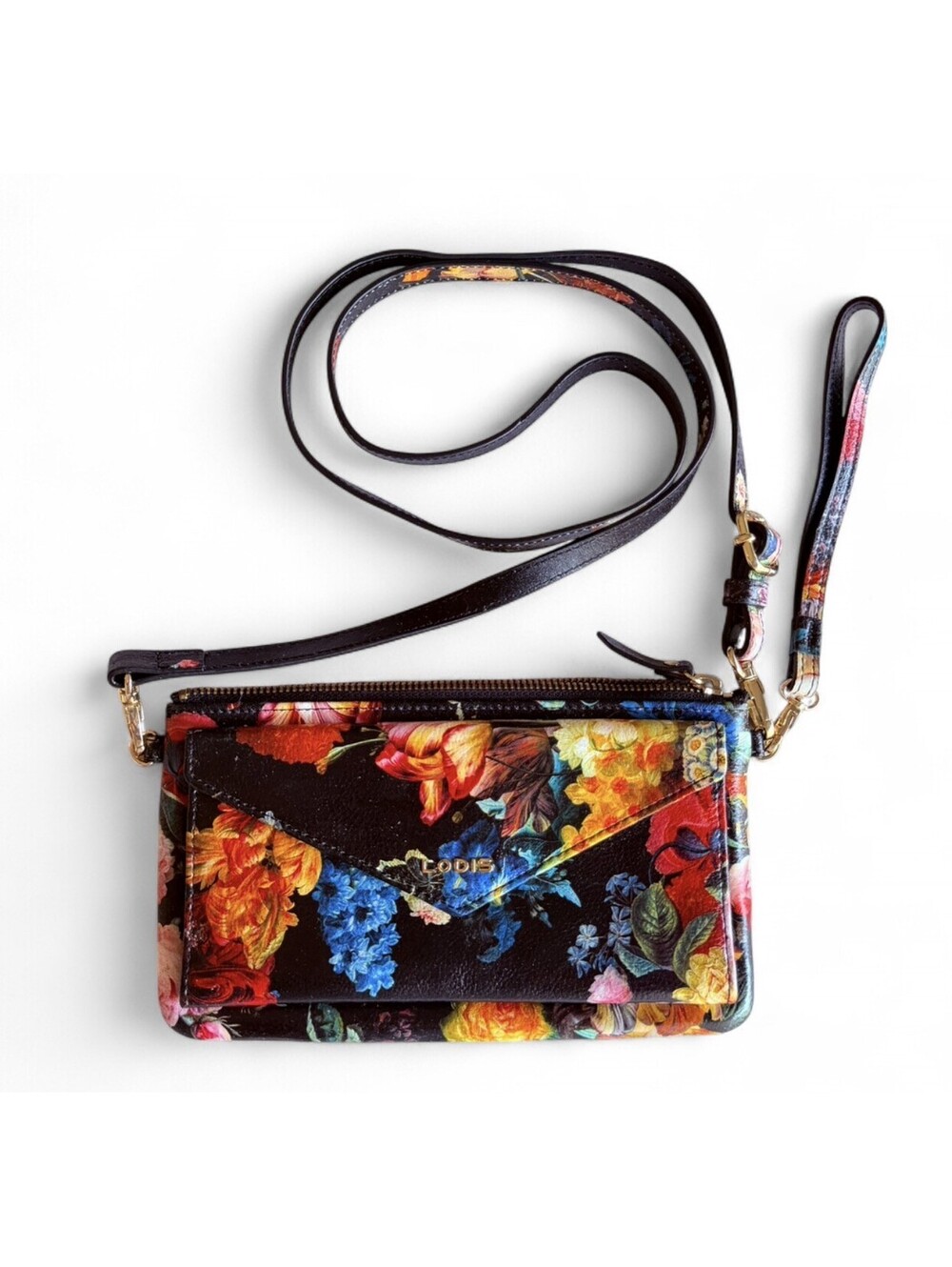 Lodis RFID Leather Crossbody Clutch Wallet Floral Convertible Black